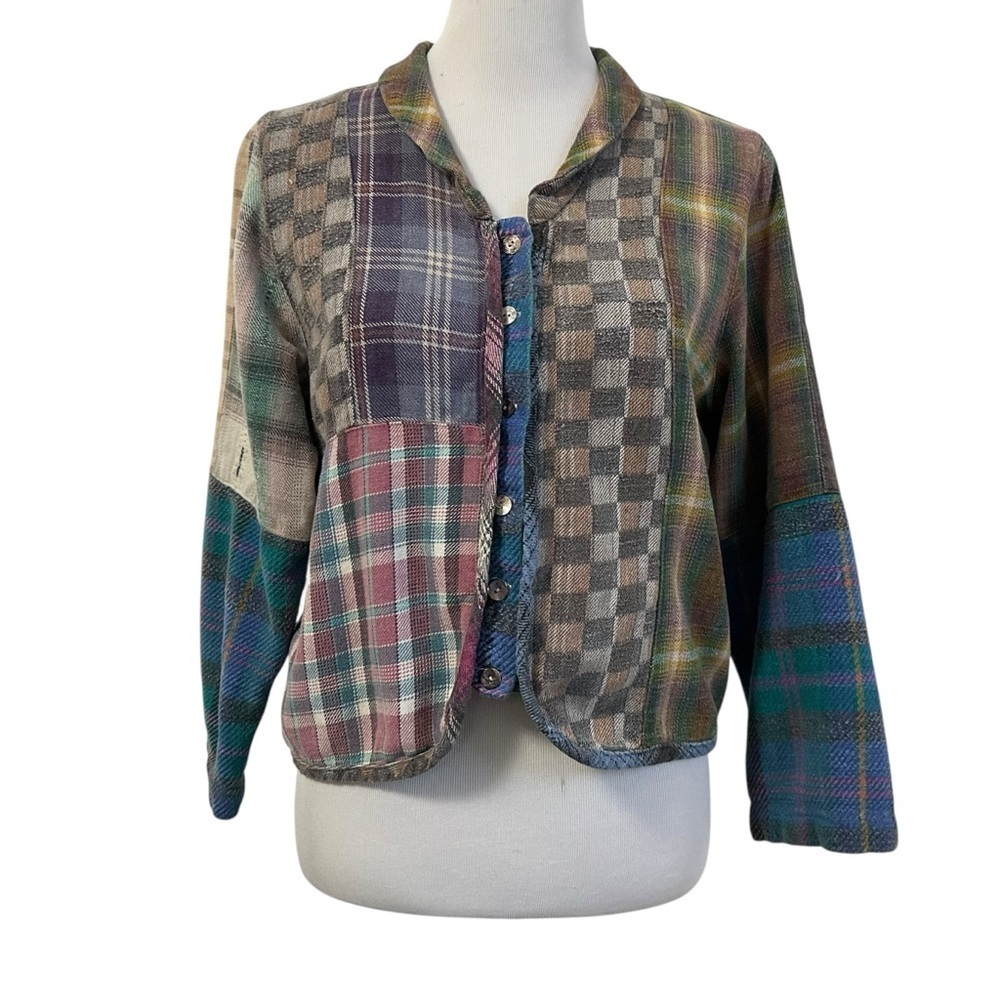 Vtg Citron Santa Monica Plaid Flannel Patchwork Cardigan Sz Medium Multicolor